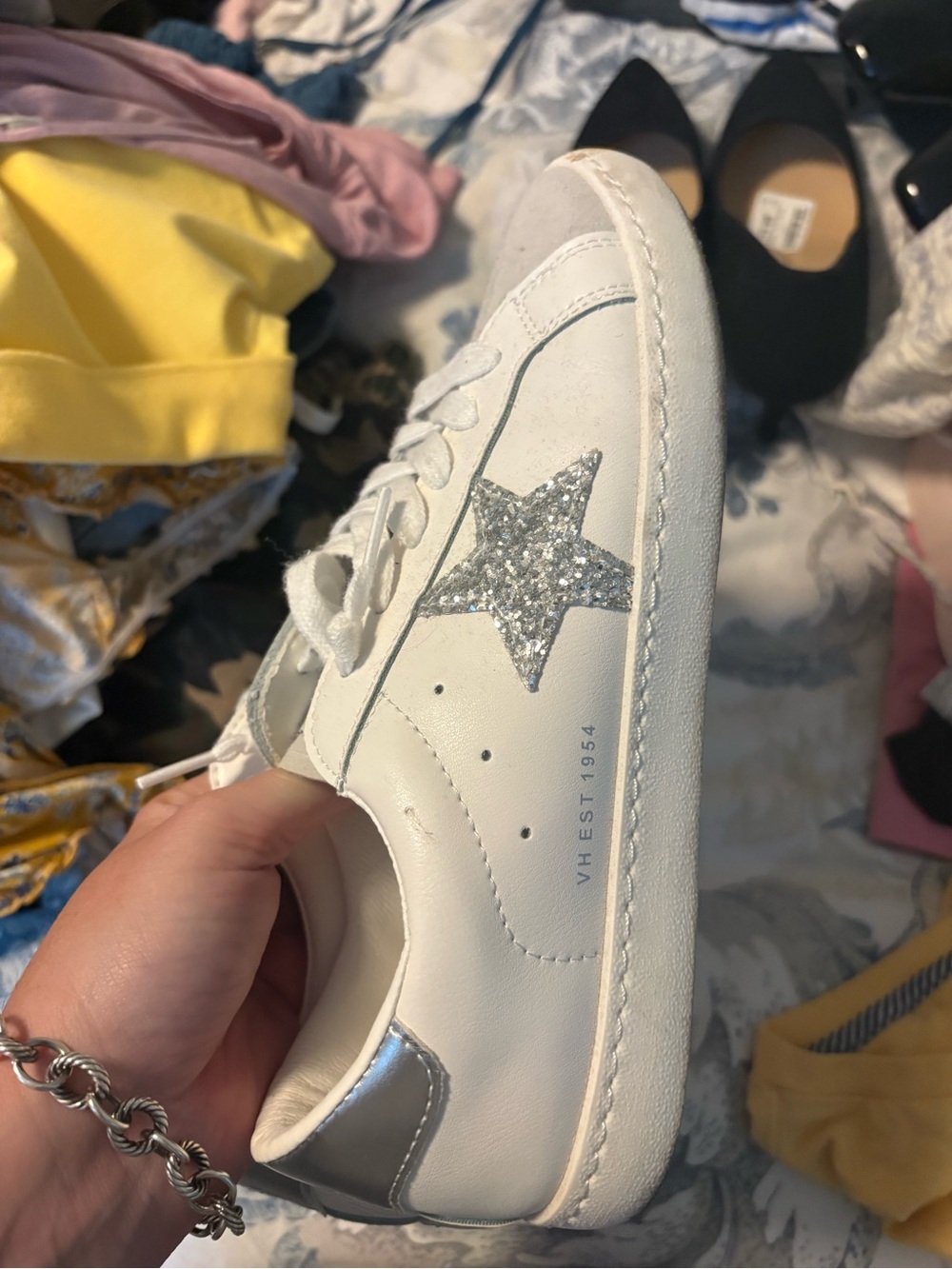 White Leather Sneaker with Silver Glitter Star